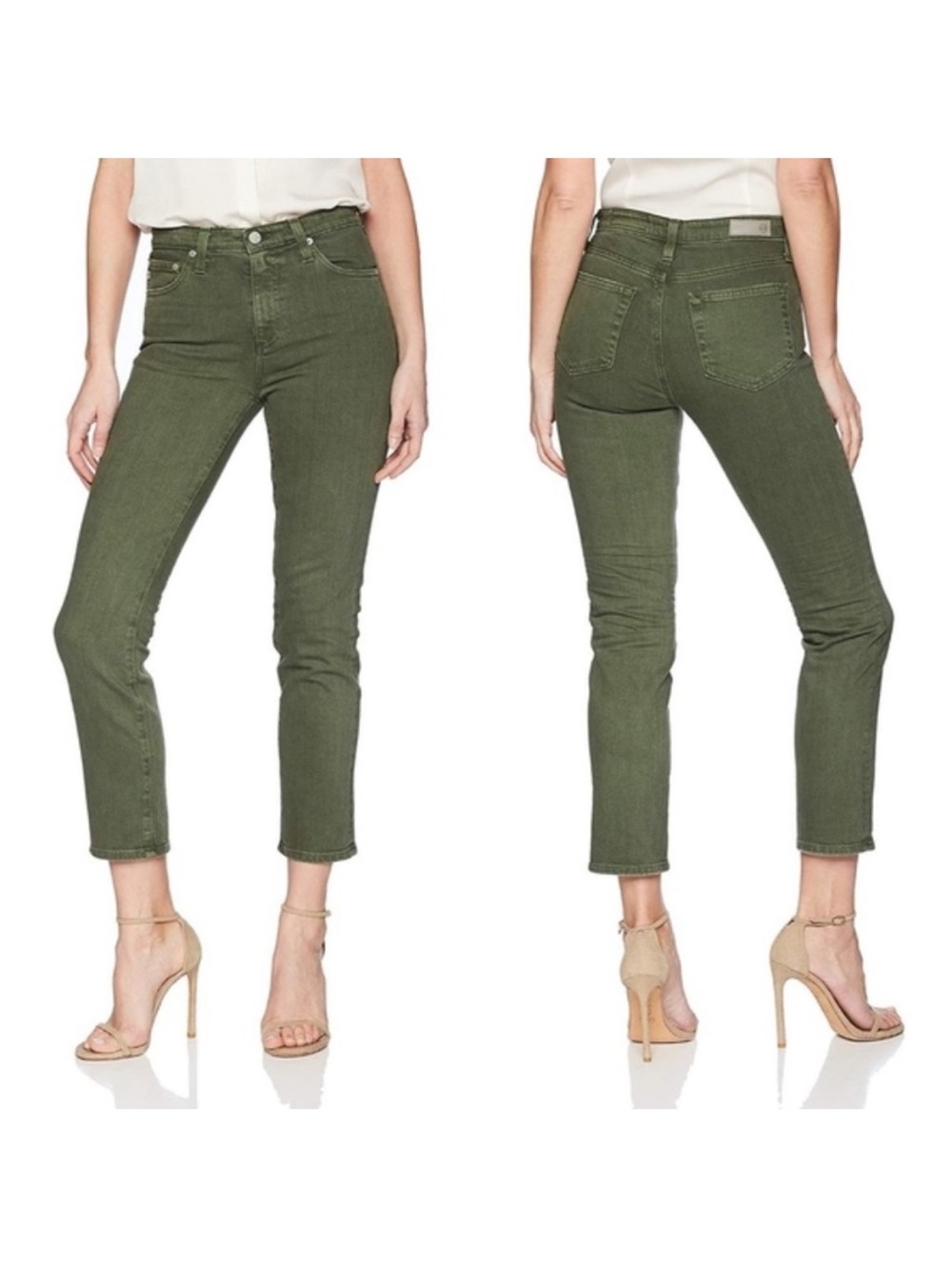 AG The Isabelle High Rise Straight Crop Army Olive Green Stretch Denim Size 25 R
